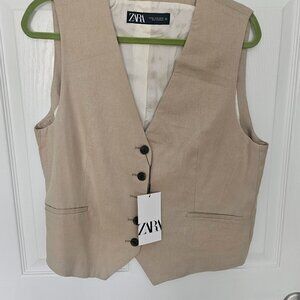 Zara Tan V-Neck Tailored Waistcoat Vest Womens Size Medium NWT